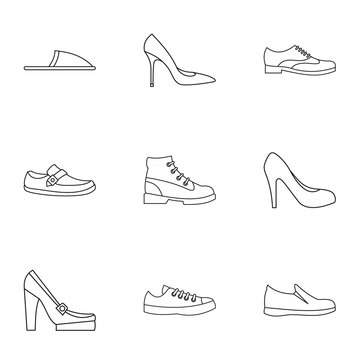 Footwear icons set. Outline illustration of 9 footwear vector icons for web
