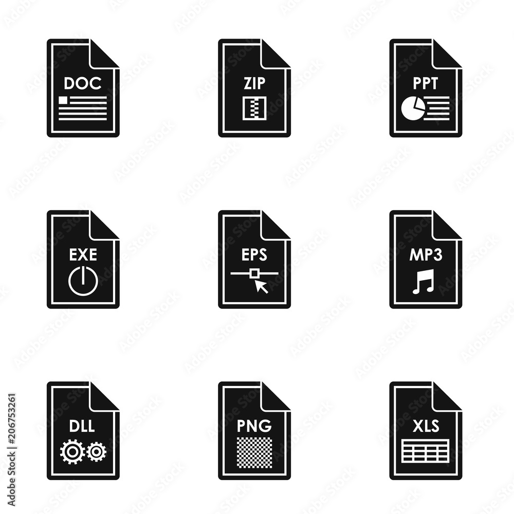 Aufkleber document types icons set. simple illustration of 9 document types vector icons for web
