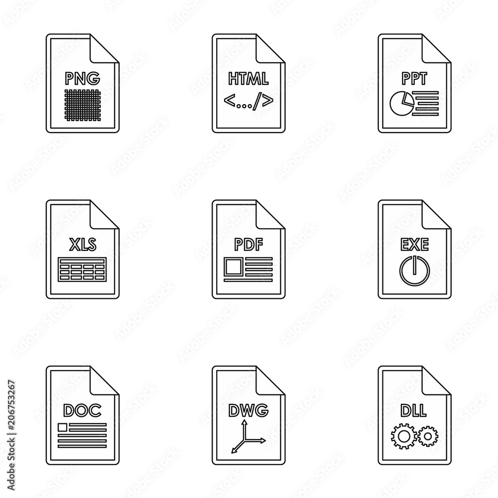 Aufkleber kind of files icons set. outline illustration of 9 kind of files vector icons for web