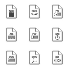 Kind of files icons set. Outline illustration of 9 kind of files vector icons for web