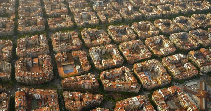 Aerial view of Barcelona famous Eixample residential district with octagon urban grid, Spain