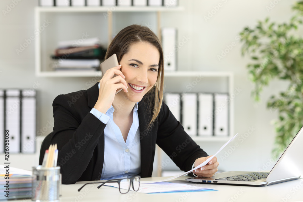 Sticker office worker calling on phone looking at you