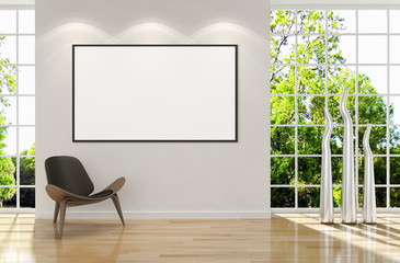 Modern bright interiors apartment with mockup poster frame 3D rendering illustration