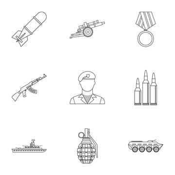 Equipment for war icons set. Outline illustration of 9 equipment for war vector icons for web