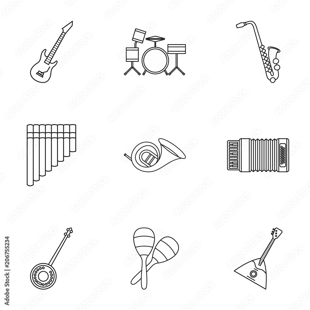 Aufkleber musical instruments icons set. outline illustration of 9 musical instruments vector icons for web