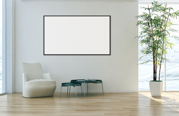 Modern bright interiors apartment with mockup poster frame 3D rendering illustration