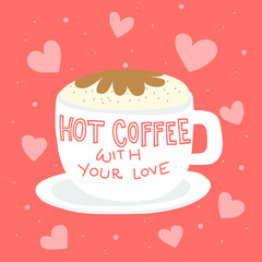 Hot coffee with love cartoon vector illustration pink heart