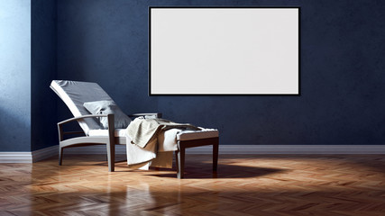 Modern bright interiors apartment with mockup poster frame 3D rendering illustration