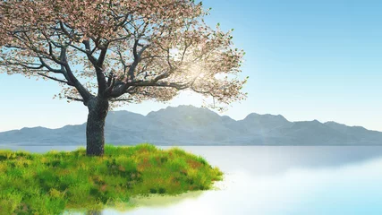 Rolgordijnen 3D cherry blossom tree on grassy bank against mountain landscape © Kirsty Pargeter