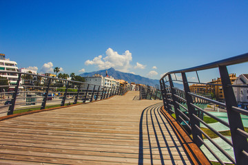 Boulevard San Pedro de Alcantara. Promenade in the city of San Pedro de Alcantara, Marbella. Malaga Province, Andalusia, Spain. Picture taken – 22 may 2018. - obrazy, fototapety, plakaty