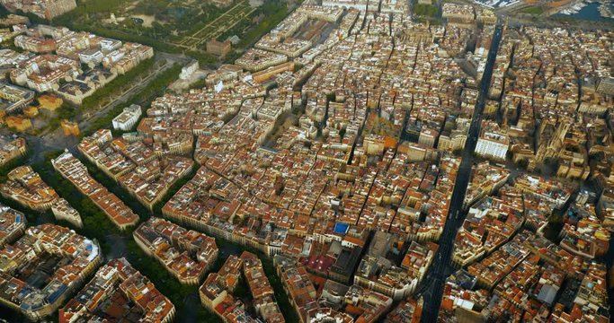 Aerial view of Barcelona Old Town with narrow streets, Spain