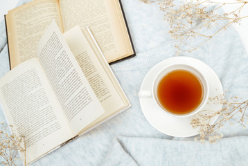 Warm knitted sweater,cup of hot tea and book