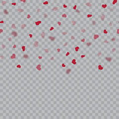 Abstract background with falling red hearts on transparent background. Vector.