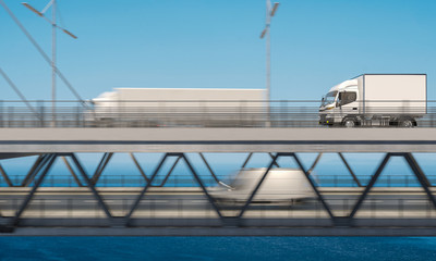 Obraz premium White Delivery Truck Moving on the Upper Deck