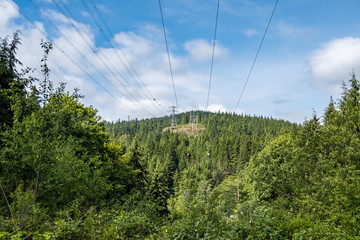 couple electric wires lead to the forest covered mountain top under blue sky