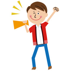 ポップなビジネスマン ハッピを着て メガホンを持つ