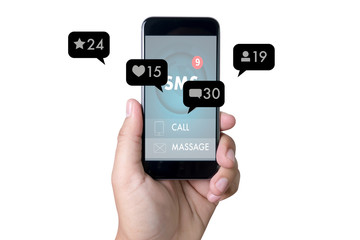 Contact us  sms media man use  smart phone social media network pop notification icons