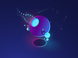 Fototapeta premium Futuristic abstract object, space system model, orbit, digital technology concept dark neon isometric