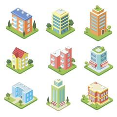 Town buildings isometric 3D set. City real estate, commercial property quarter, urban architecture vector illustration. Dimensional views of skyscrapers, apartment, office and houses isolated elements