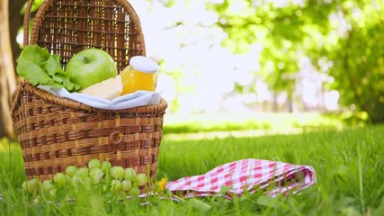 Wicker picnic basket with healthy food on red checkered table cloth on green grass outside in park - Powered by Adobe