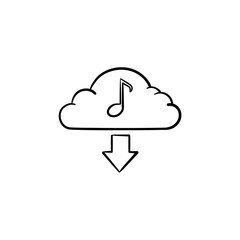 Cloud music concept hand drawn outline doodle icon. Download audio files from a cloud storage vector sketch illustration for print, web, mobile and infographics isolated on white background.
