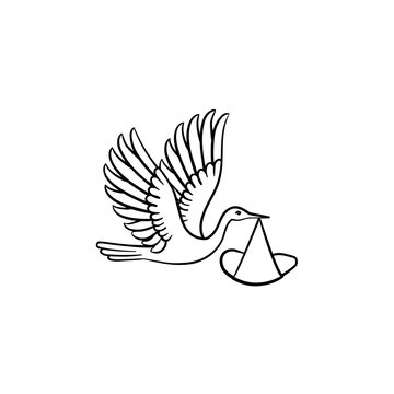 A stork carrying a warped baby hand drawn outline doodle icon
