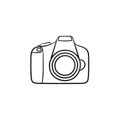 Camera hand drawn outline doodle icon. Digital photocamera with lens and flash vector sketch illustration for print, web, mobile and infographics isolated on white background.