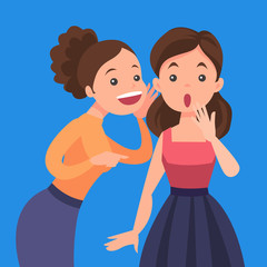 Young caucasian white woman shielding her mouth and whispering a gossip to her friend. Two female friends discussing gossips. Vector cartoon illustration isolated on solid background. Square layout.