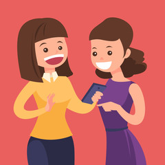 Young caucasian white woman showing something to her friend on smartphone. Two female friends looking at cellphone and laughing. Vector cartoon illustration isolated on solid background. Square layout