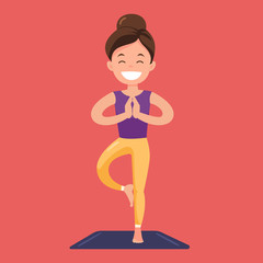 Caucasian white sportswoman meditating in yoga tree position. Young happy sporty woman standing in yoga tree pose on the mat. Vector cartoon illustration isolated on solid background. Square layout.