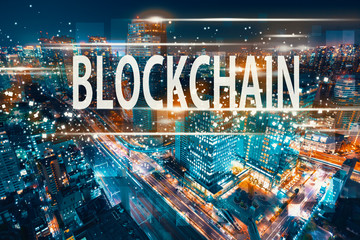 Blockchain with aerial view of Tokyo, Japan at night