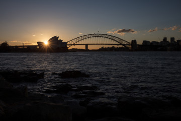 Sydney harbour silohuette at sunset, Sydney, NSW, Australia