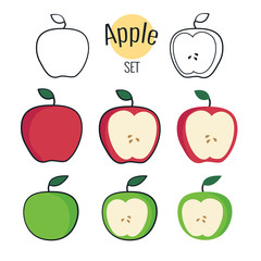 Vector set of apples. Vector whole apple and half of apple. Apples vector illustration