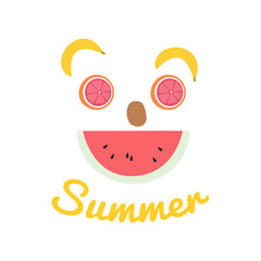 Bright Summer card. Beautiful summer posters with orange, watermelon, grapefruit, banana, kiwi in flat. Funny illustration