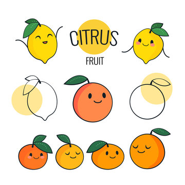 Funny cartoon citrus fruit characters with different emotions on the face. Cute lemon, orange, mandarin, grapefruit characters. Comic emoticon stickers set. Vector icons, isolated on white.