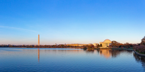 Jeffeerson Memorial and Washington Monument reflected on Tidal Basin in the evening, Washington DC,...