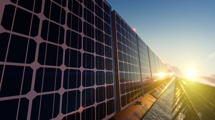 Solar Panels over Sea with Beautiful Sunset