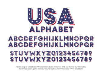 American alphabet with usa flag colors and star shapes. Vector font for united states of america related concepts - 4th july, veterans day, memorial day. Web banners, posters,  headlines, merchandise. © Pedro