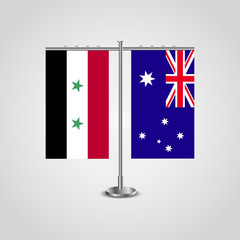 Table stand with flags of Syria and Australia.Two flag. Flag pole. Symbolizing the cooperation between the two countries. Table flags