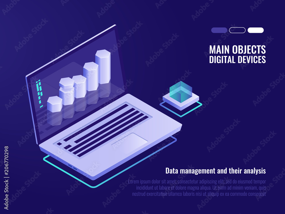 Aufkleber data structuring and analysis, crm system concept, information processing and statistic, isometric l