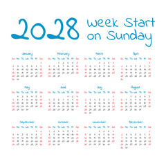 Simple 2028 year calendar