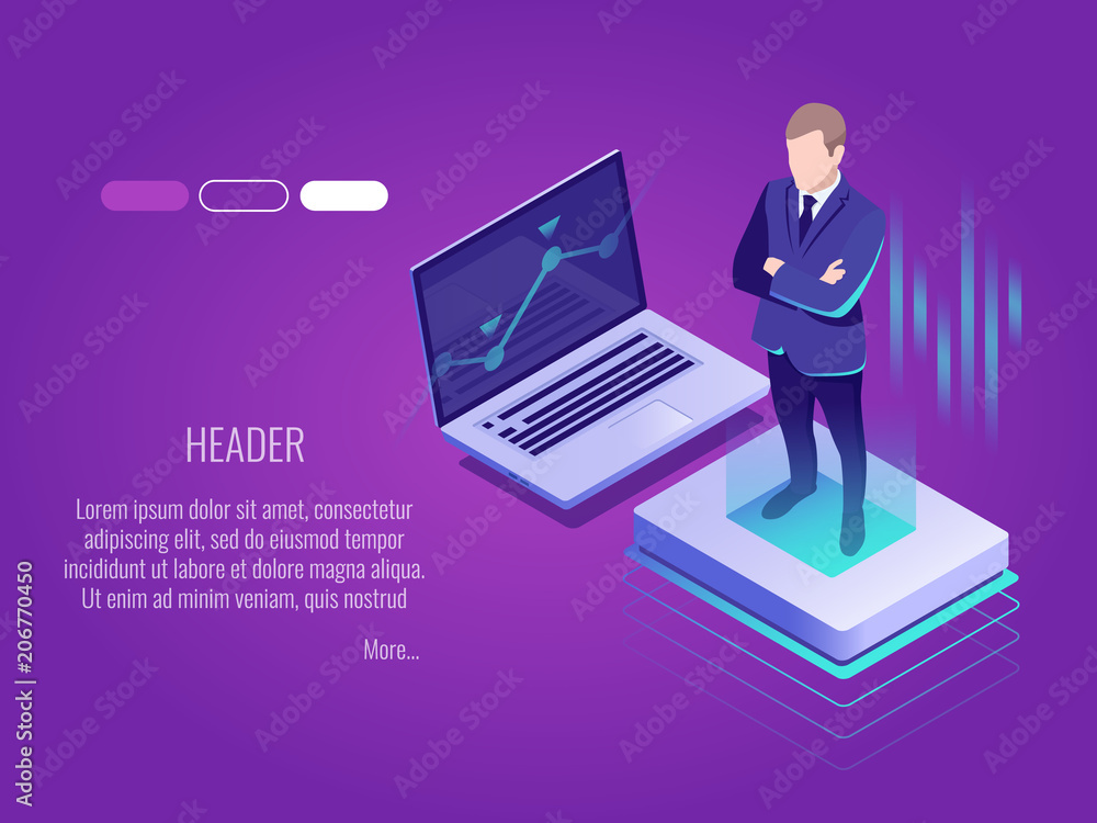 Poster businessman is standing on the luminous button.isometric concept of it technology,server management.