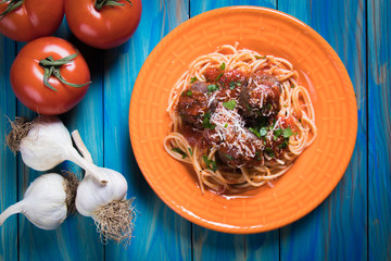 Meat balls with spaghetti pasta and tomato sauce