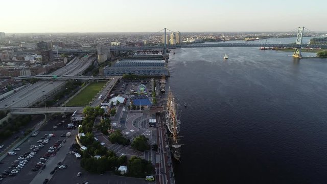 Aerial Drone View of Tall Ships Docked in Philadelphia PA