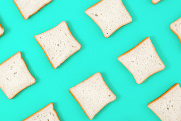 Set toasts bread blue background top view flat lay top view
