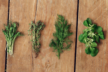 Pea green sprouts dill thyme mache leaves old wooden table Set variety organic herbs top view