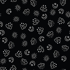 Pattern sun and moon with stars in sky, white clouds with rain drops and snowflakes on black background. Weather pattern with sun, cloud, moon and stars.