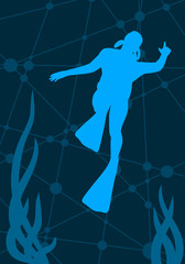 Silhouette of diver. The concept of sport diving. Connected lines with dots on backdrop