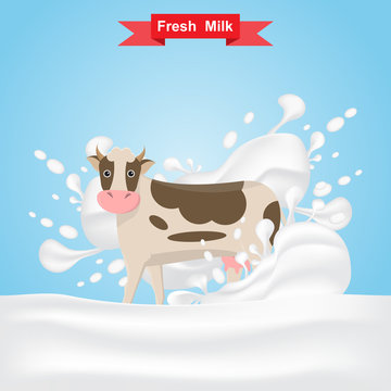 milk cow stand on fresh milk splash