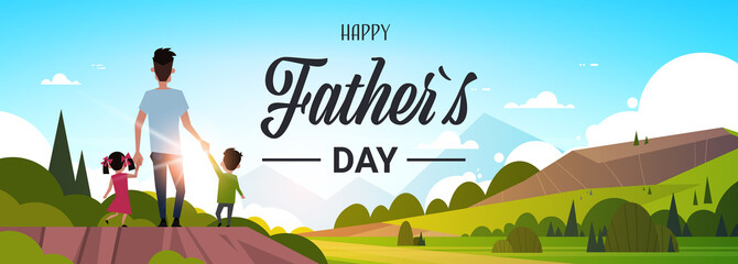 happy father day family holiday daughter and son hold dad hand stand back looking sunset concept greeting card flat vector illustration